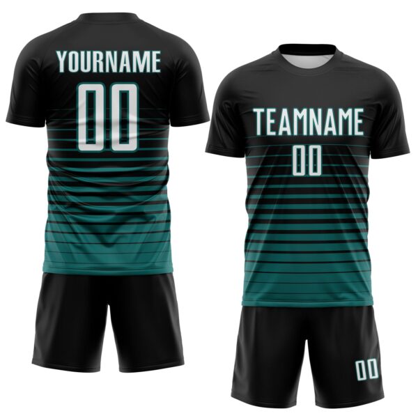 Custom Black White-Teal Gradient Pinstripe Sublimation Soccer Uniform Jersey