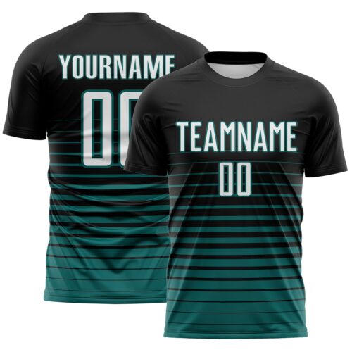 Custom Black White-Teal Gradient Pinstripe Sublimation Soccer Uniform Jersey