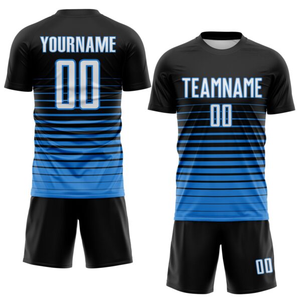 Custom Black White-Powder Blue Gradient Pinstripe Sublimation Soccer Uniform Jersey