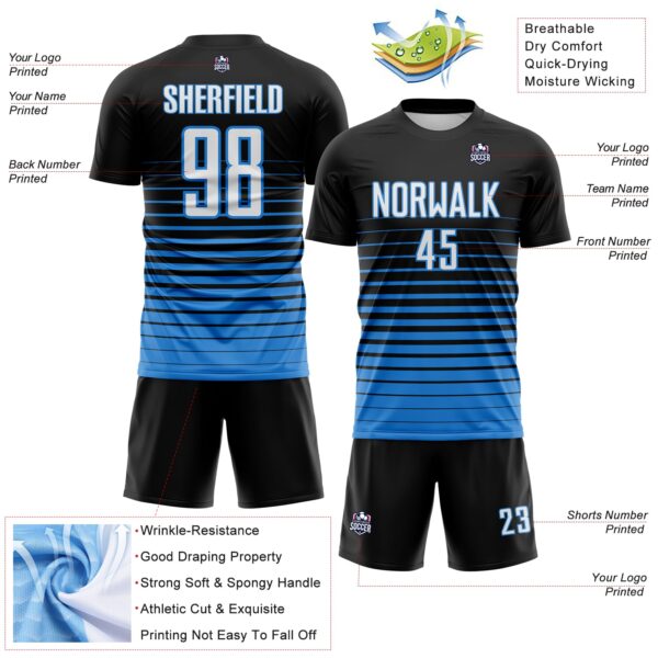 Custom Black White-Powder Blue Gradient Pinstripe Sublimation Soccer Uniform Jersey