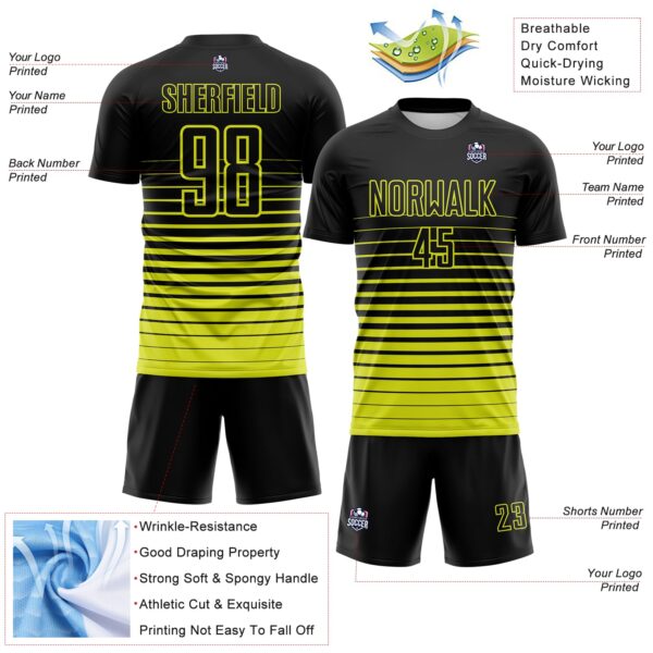 Custom Black Neon Yellow Gradient Pinstripe Sublimation Soccer Uniform Jersey