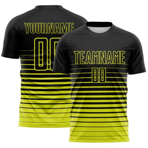 Custom Black Neon Yellow Gradient Pinstripe Sublimation Soccer Uniform Jersey