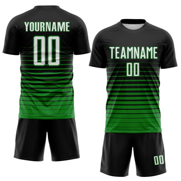 Custom Black White-Grass Green Gradient Pinstripe Sublimation Soccer Uniform Jersey