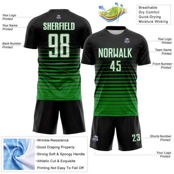 Custom Black White-Grass Green Gradient Pinstripe Sublimation Soccer Uniform Jersey