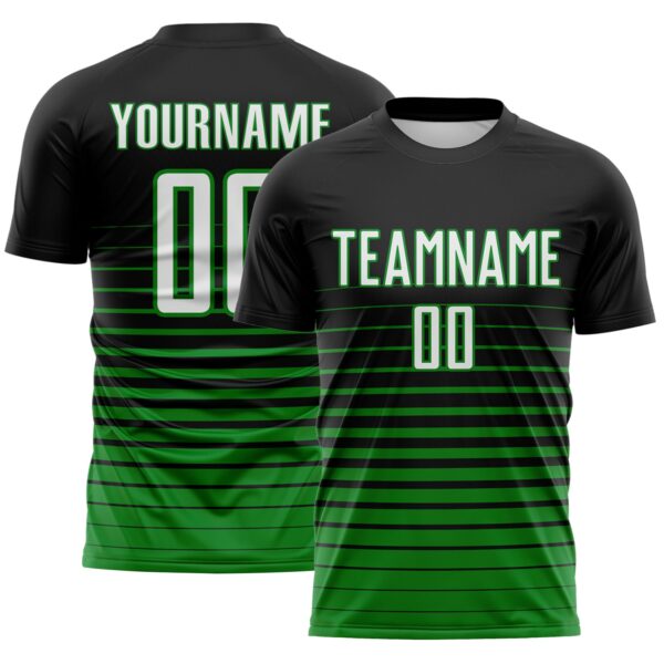 Custom Black White-Grass Green Gradient Pinstripe Sublimation Soccer Uniform Jersey