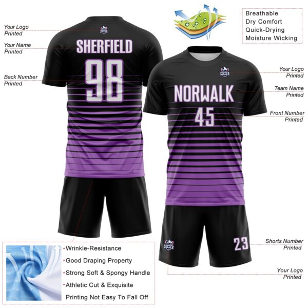 Custom Black White-Medium Purple Gradient Pinstripe Sublimation Soccer Uniform Jersey