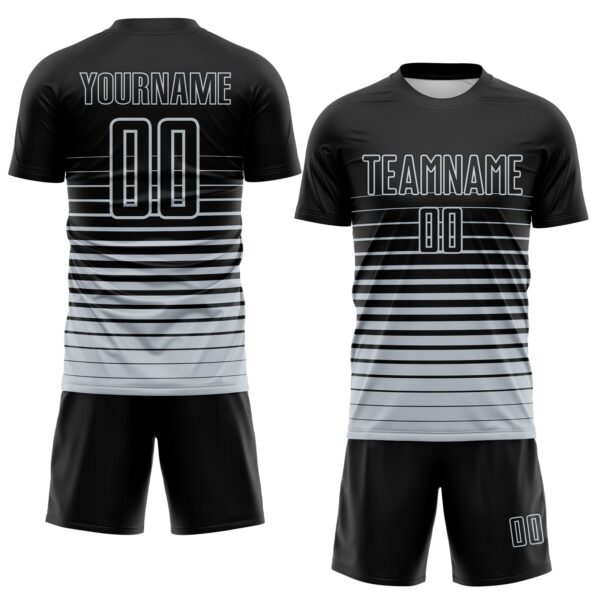 Custom Black Silver Gradient Pinstripe Sublimation Soccer Uniform Jersey