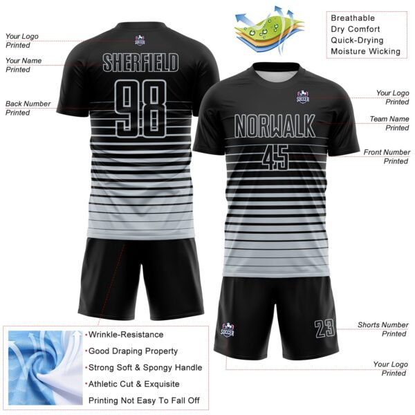 Custom Black Silver Gradient Pinstripe Sublimation Soccer Uniform Jersey