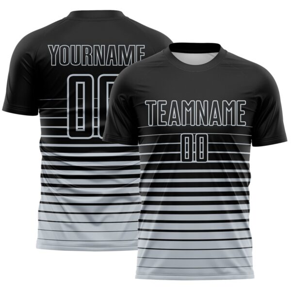 Custom Black Silver Gradient Pinstripe Sublimation Soccer Uniform Jersey