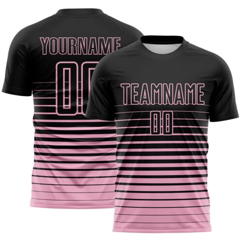 Custom Black Light Pink Gradient Pinstripe Sublimation Soccer Uniform Jersey