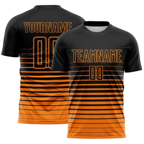 Custom Black Bay Orange Gradient Pinstripe Sublimation Soccer Uniform Jersey