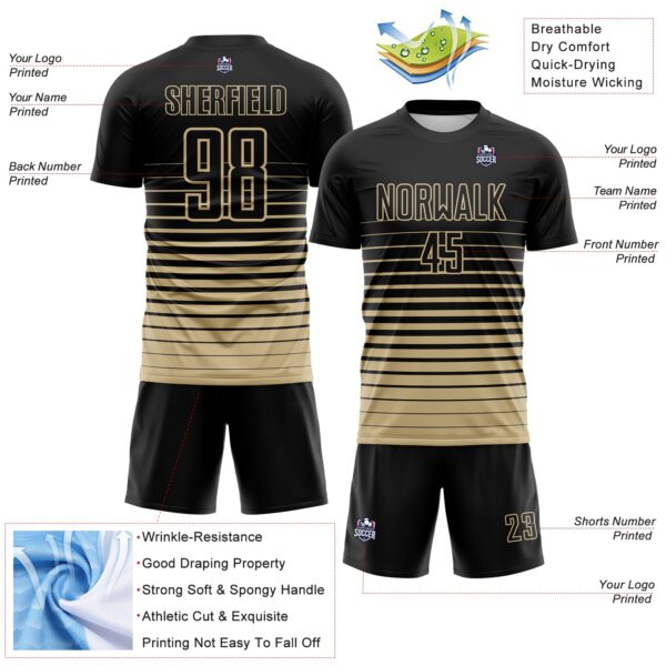 Custom Black Vegas Gold Gradient Pinstripe Sublimation Soccer Uniform Jersey