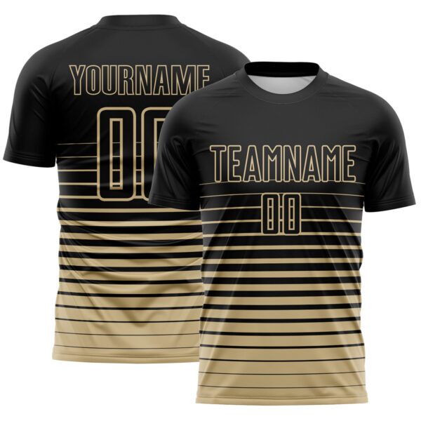 Custom Black Vegas Gold Gradient Pinstripe Sublimation Soccer Uniform Jersey