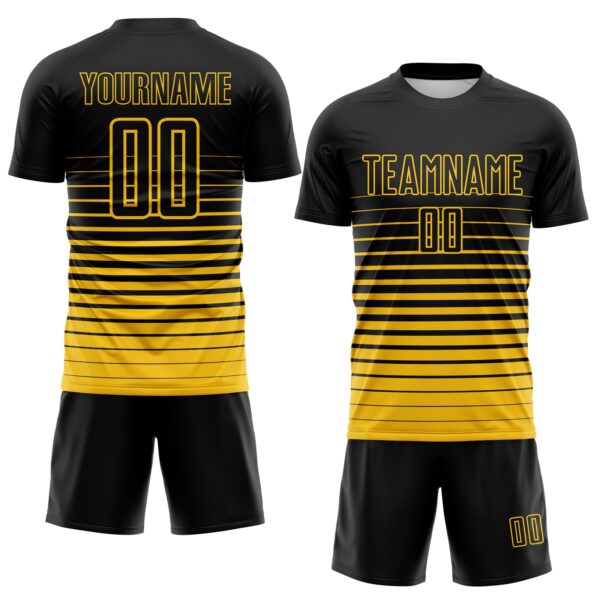 Custom Black Yellow Gradient Pinstripe Sublimation Soccer Uniform Jersey