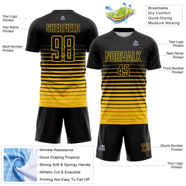 Custom Black Yellow Gradient Pinstripe Sublimation Soccer Uniform Jersey