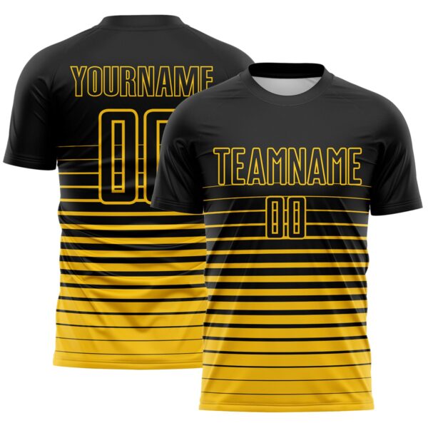Custom Black Yellow Gradient Pinstripe Sublimation Soccer Uniform Jersey