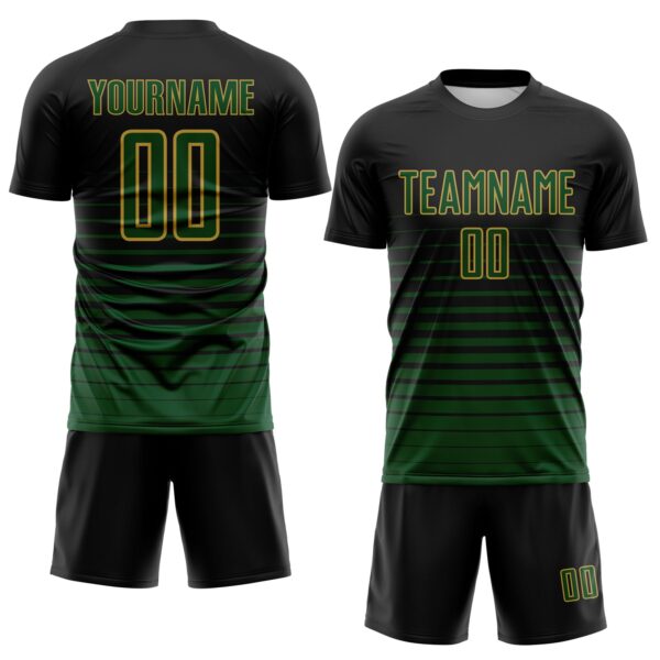 Custom Black Green-Old Gold Gradient Pinstripe Sublimation Soccer Uniform Jersey