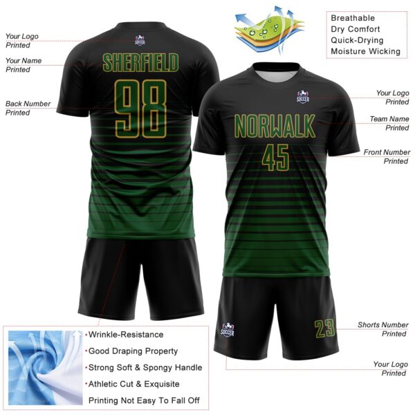 Custom Black Green-Old Gold Gradient Pinstripe Sublimation Soccer Uniform Jersey