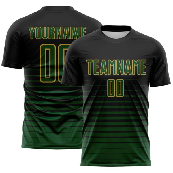 Custom Black Green-Old Gold Gradient Pinstripe Sublimation Soccer Uniform Jersey