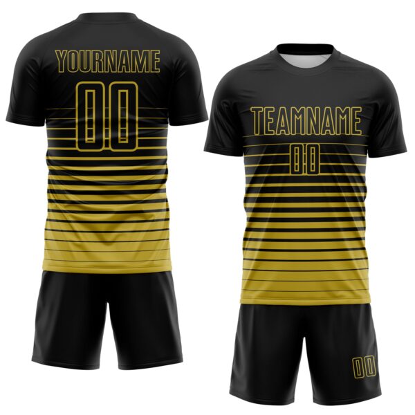 Custom Black Old Gold Gradient Pinstripe Sublimation Soccer Uniform Jersey