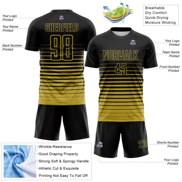 Custom Black Old Gold Gradient Pinstripe Sublimation Soccer Uniform Jersey