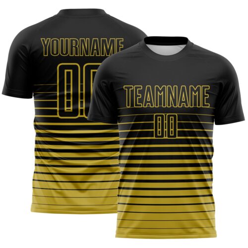Custom Black Old Gold Gradient Pinstripe Sublimation Soccer Uniform Jersey