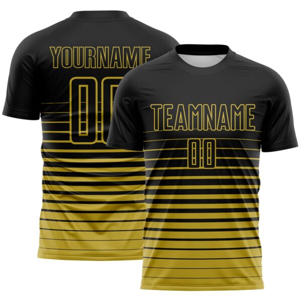 Custom Black Old Gold Gradient Pinstripe Sublimation Soccer Uniform Jersey