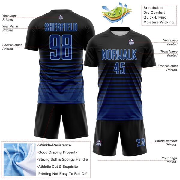 Custom Black US Navy Blue-Light Blue Gradient Pinstripe Sublimation Soccer Uniform Jersey