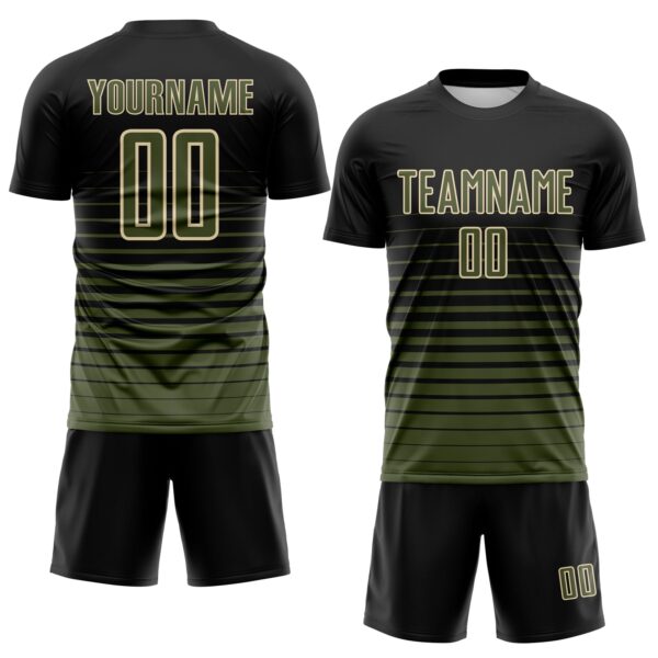 Custom Black Olive-Cream Gradient Pinstripe Sublimation Soccer Uniform Jersey