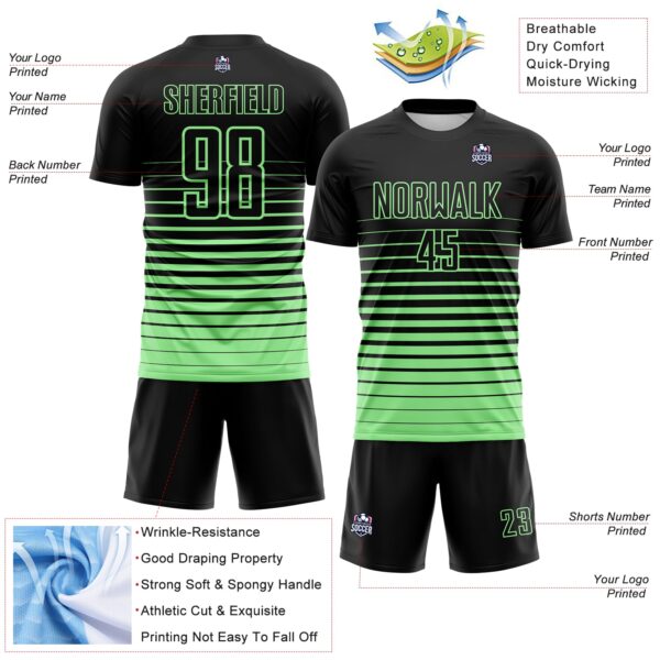 Custom Black Pea Green Gradient Pinstripe Sublimation Soccer Uniform Jersey