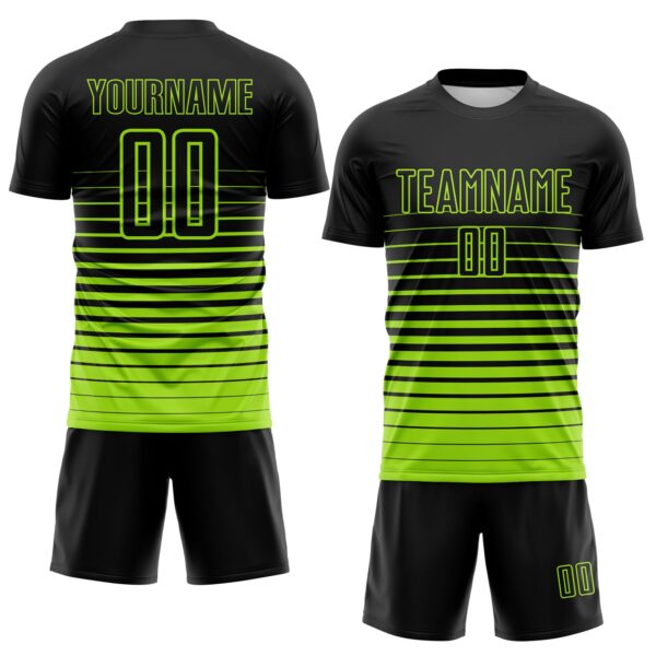 Custom Black Neon Green Gradient Pinstripe Sublimation Soccer Uniform Jersey
