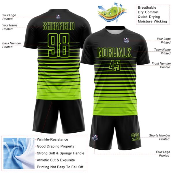 Custom Black Neon Green Gradient Pinstripe Sublimation Soccer Uniform Jersey