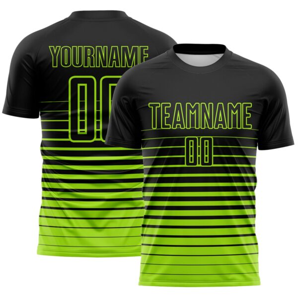Custom Black Neon Green Gradient Pinstripe Sublimation Soccer Uniform Jersey