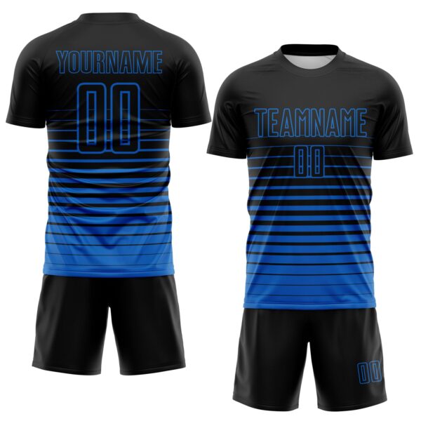 Custom Black Blue Gradient Pinstripe Sublimation Soccer Uniform Jersey
