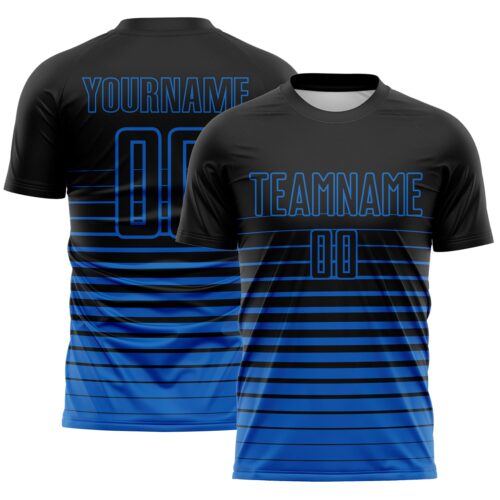 Custom Black Blue Gradient Pinstripe Sublimation Soccer Uniform Jersey