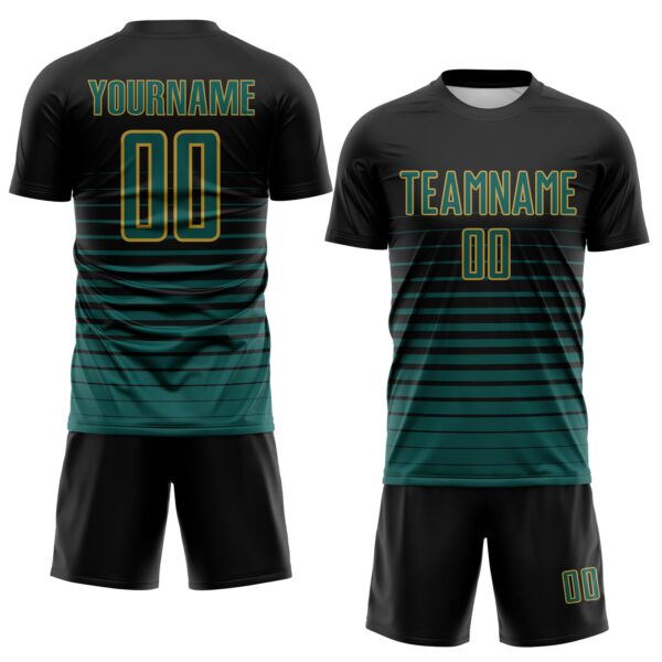 Custom Black Midnight Green-Old Gold Gradient Pinstripe Sublimation Soccer Uniform Jersey