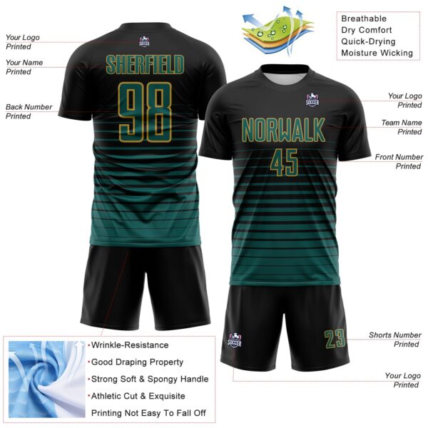 Custom Black Midnight Green-Old Gold Gradient Pinstripe Sublimation Soccer Uniform Jersey
