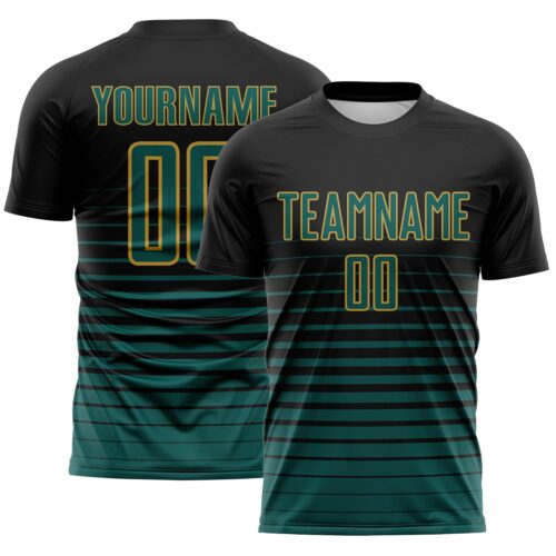 Custom Black Midnight Green-Old Gold Gradient Pinstripe Sublimation Soccer Uniform Jersey