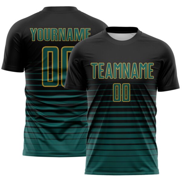 Custom Black Midnight Green-Old Gold Gradient Pinstripe Sublimation Soccer Uniform Jersey
