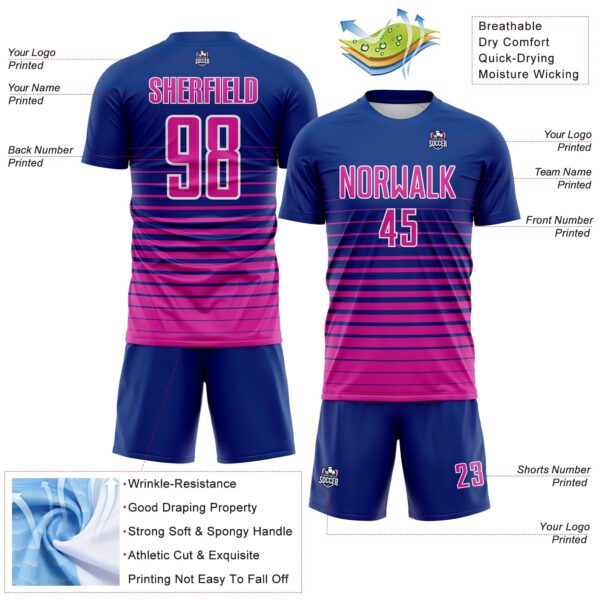 Custom Royal Deep Pink-White Gradient Pinstripe Sublimation Soccer Uniform Jersey