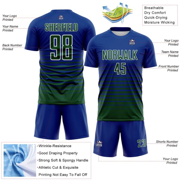 Custom Royal Green-White Gradient Pinstripe Sublimation Soccer Uniform Jersey