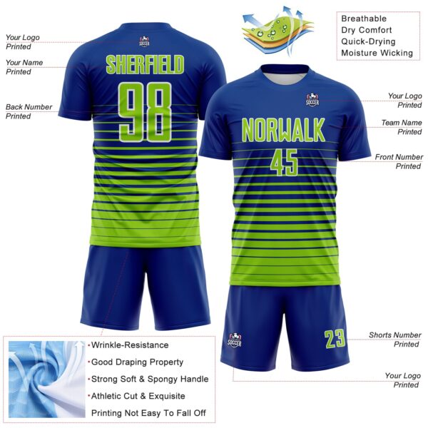 Custom Royal Neon Green-White Gradient Pinstripe Sublimation Soccer Uniform Jersey