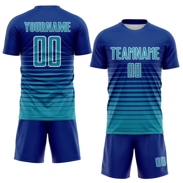 Custom Royal Teal-White Gradient Pinstripe Sublimation Soccer Uniform Jersey