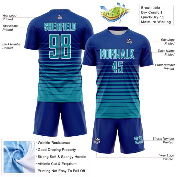 Custom Royal Teal-White Gradient Pinstripe Sublimation Soccer Uniform Jersey