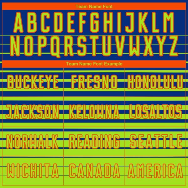 Custom Royal Neon Green-Orange Gradient Pinstripe Sublimation Soccer Uniform Jersey