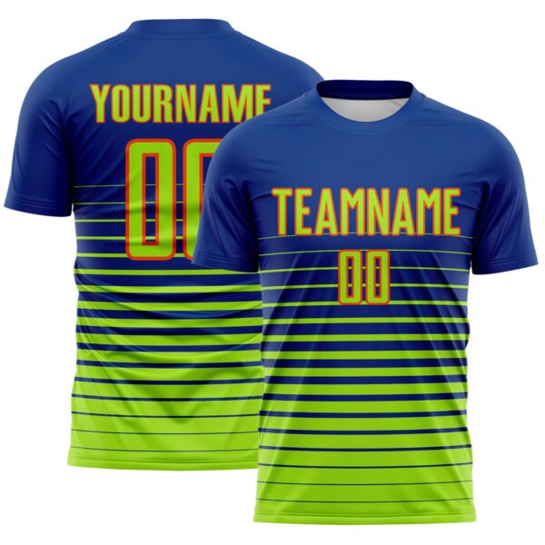 Custom Royal Neon Green-Orange Gradient Pinstripe Sublimation Soccer Uniform Jersey