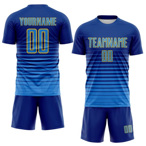 Custom Royal Powder Blue-Yellow Gradient Pinstripe Sublimation Soccer Uniform Jersey