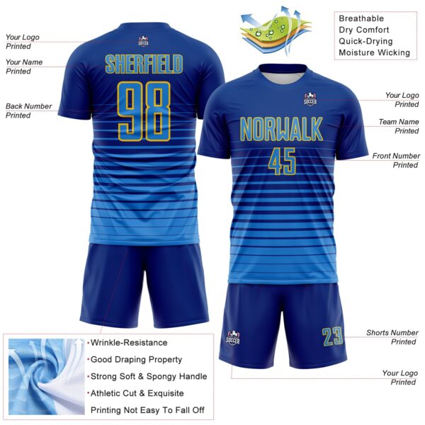 Custom Royal Powder Blue-Yellow Gradient Pinstripe Sublimation Soccer Uniform Jersey
