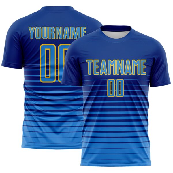 Custom Royal Powder Blue-Yellow Gradient Pinstripe Sublimation Soccer Uniform Jersey