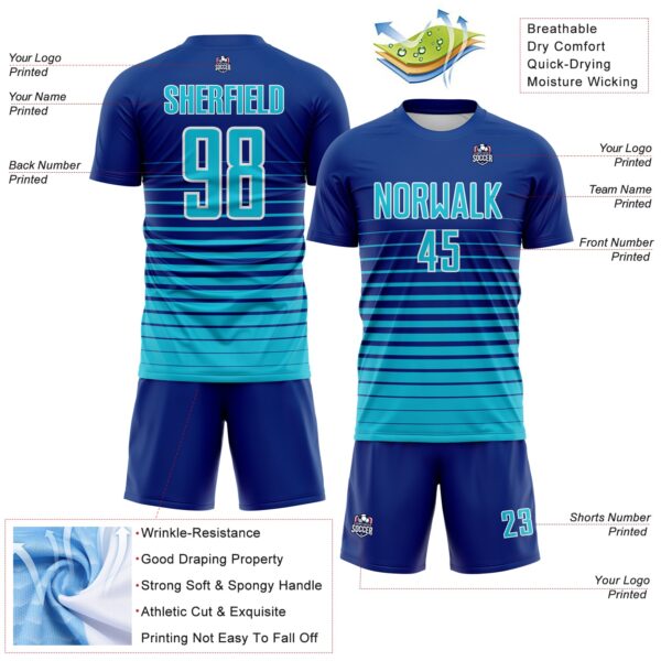 Custom Royal Lakes Blue-White Gradient Pinstripe Sublimation Soccer Uniform Jersey